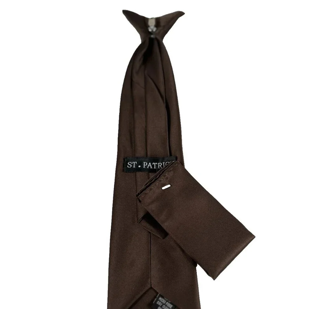 St. Patrick Boy's Clip-on Tie Hanky Set Solid Dark Brown 100% Polyester 12